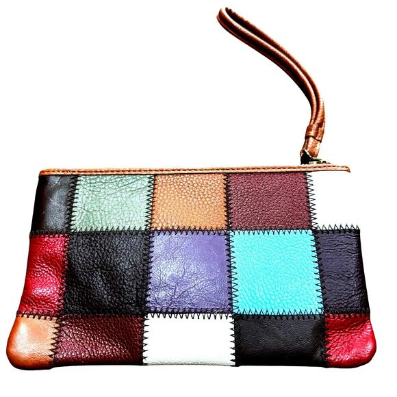 Kooba zipper top leather patchwork wristlet pouch cosmetics bag tan multi-color - Picture 2 of 5
